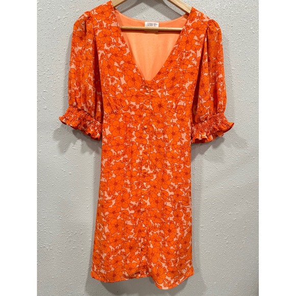 Sienna Sky Orange Floral Print Mini Dress V Neck Short Puff Sleeve Large - Picture 1 of 5